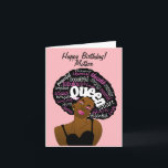Queen African American Mother Birthday Karte<br><div class="desc">Diese farbenfrohe Karte zeigt eine afroamerikanische Frau mit einem üppigen Afro voller inspirierender Worte.  Diese Geburtstagskarte ist für Ihre lustige,  liebevolle und junge Herzmutter.</div>