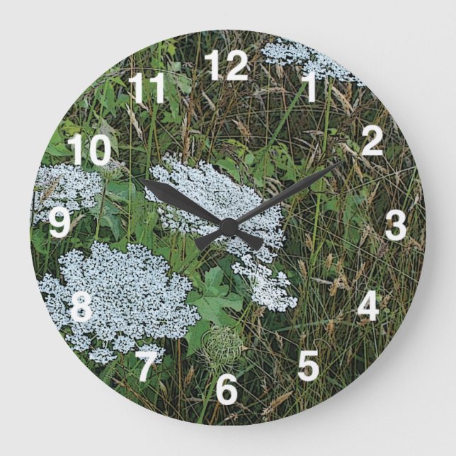 Queen Anne’s Lace White Wild Flower Große Wanduhr (Vorderseite)