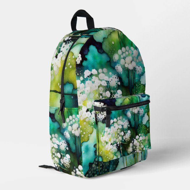 Queen Anne's Lace Abstrakt Bedruckter Rucksack (Rückseitige Ecke links)