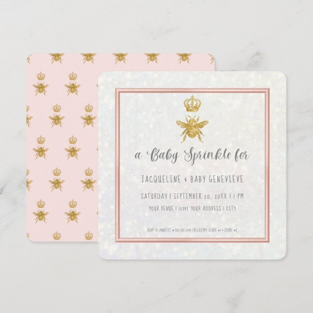 Queen Bee Crown Gold Glitzer Rosa Girl Einladung (Vorne/Hinten)