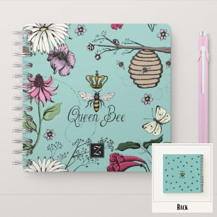 Queen Bee & Crown Turquoise Floral Monogram Notizbuch