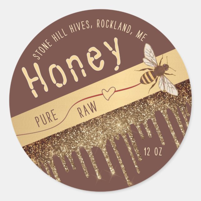Queen Bee Gold Iridescent Honey Tropfen mit Herz Runder Aufkleber (Vorderseite)