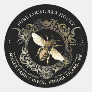 Queen Bee Gold Ornnate Frame Miel Étiquette Noir