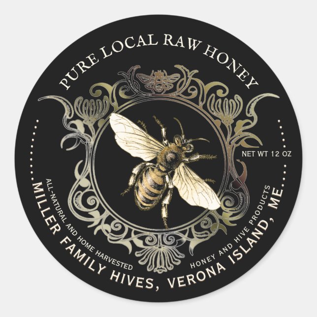 Queen Bee Gold Verziert Frame Honey Label Black Runder Aufkleber (Vorderseite)