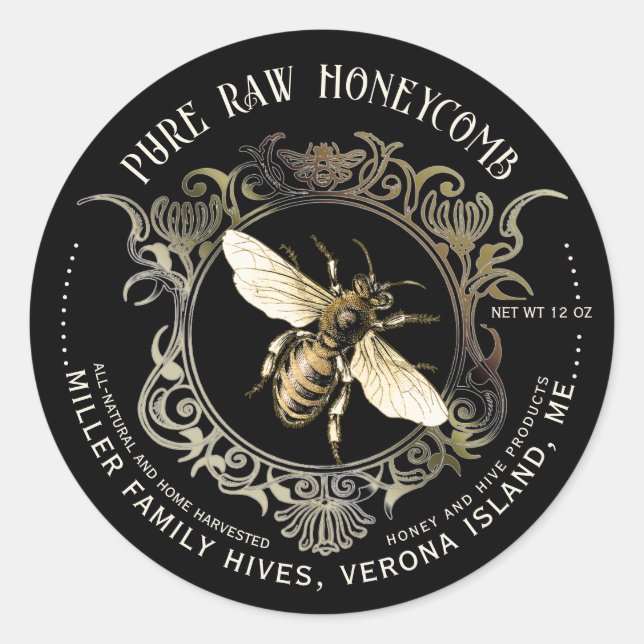 Queen Bee Gold Verziert Frame Honeycomb Label Blac Runder Aufkleber (Vorderseite)