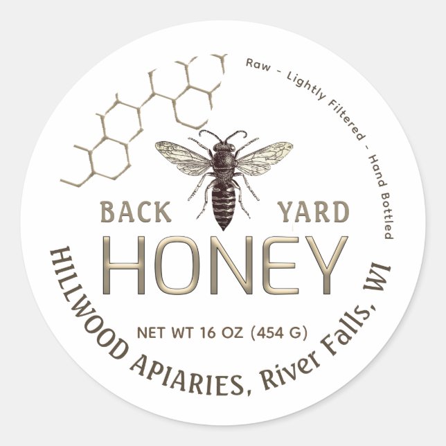 Queen Bee Honey Jar Label Raw Local Honeycomb Runder Aufkleber (Vorderseite)