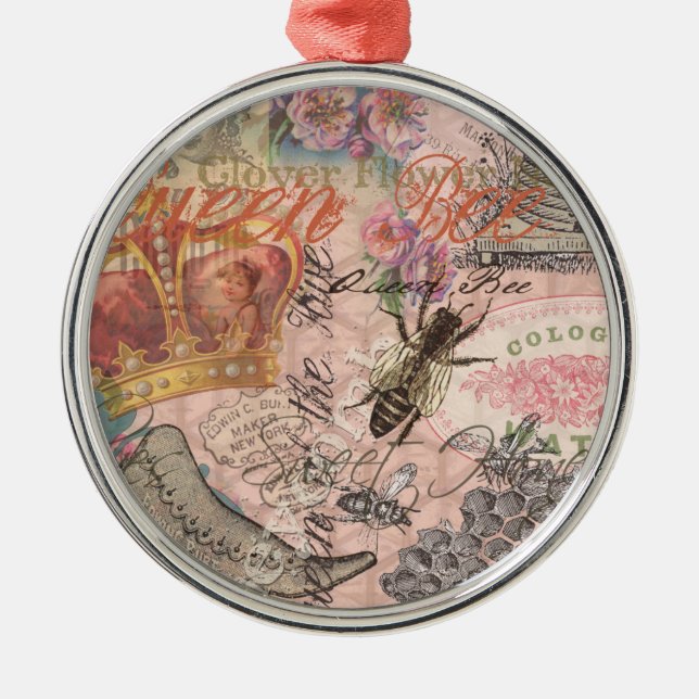 Queen Bee Vintag schöne Collage Silbernes Ornament (Vorne)