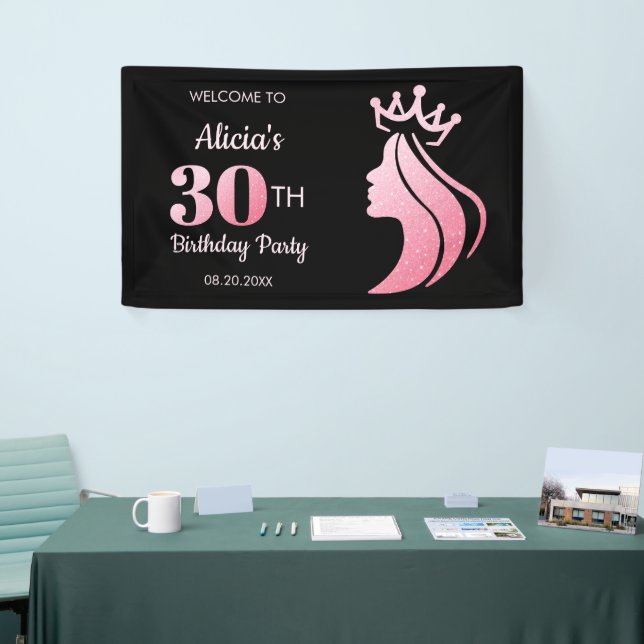 Queen Crown Pink Glitzer Black 30. Geburtstag Banner (Messeveranstaltung)