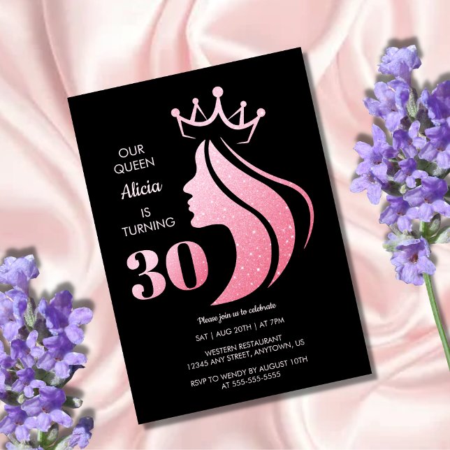 Queen Crown Pink Glitzer Black 30. Geburtstag Einladung (Von Creator hochgeladen)