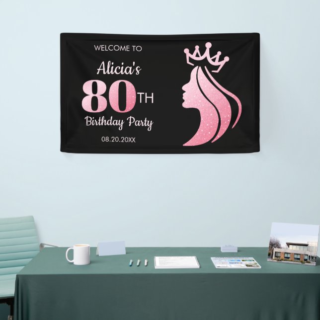 Queen Crown Pink Glitzer Black 80. Geburtstag Banner (Messeveranstaltung)