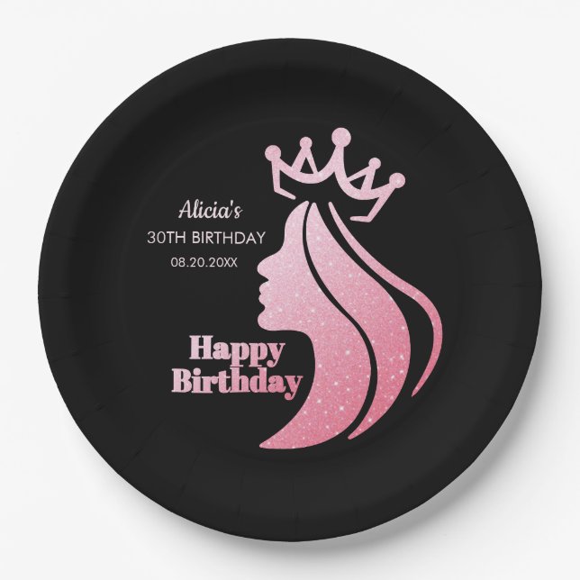Queen Crown Pink Glitzer Black Happy Geburtstag Pappteller (Vorderseite)