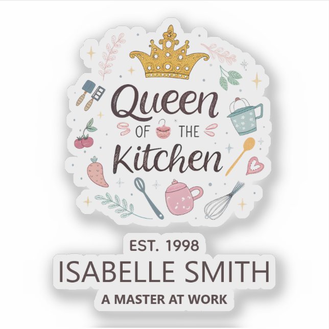 Queen of the Kitchen Custom Name Design Aufkleber (Vorderseite)