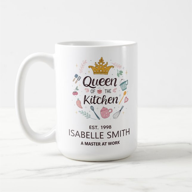 Queen of the Kitchen Custom Name Design Kaffeetasse (Links)