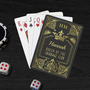 Queen or Custom Text Black Gold Monogram Crown Spielkarten