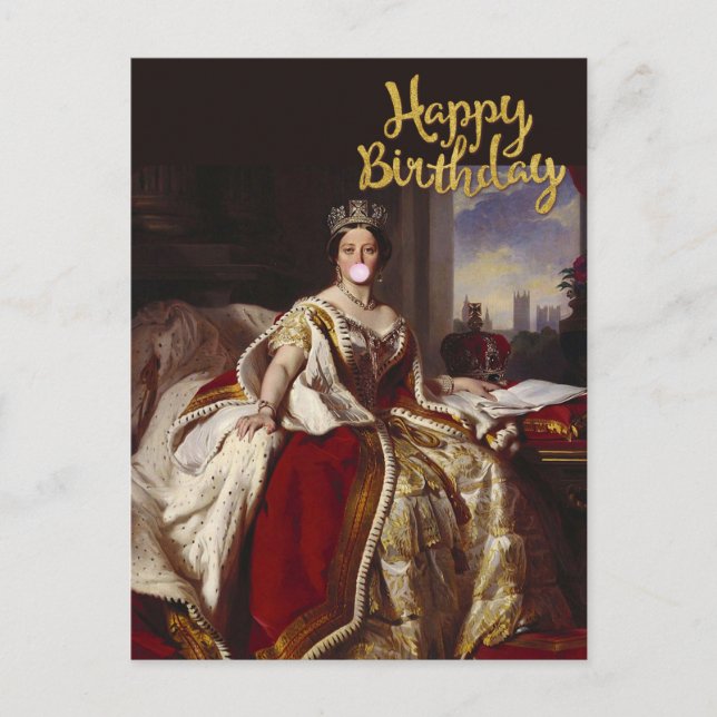 QUEEN VICTORIA BLUTET EIN PINKBUBBEL GUM POSTKARTE (Vorderseite)