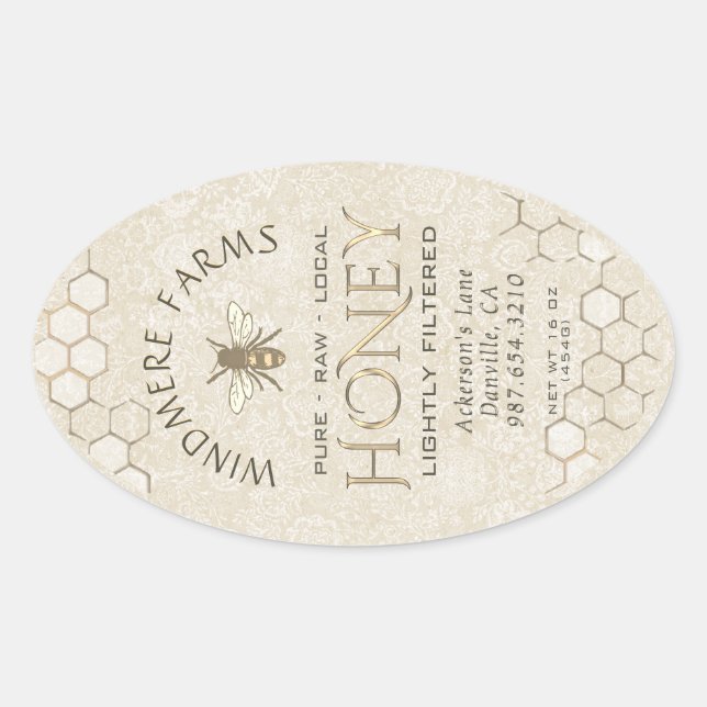 Queenline Honey Label 16/32oz Honeycomb Bee Gold Ovaler Aufkleber (Vorderseite)