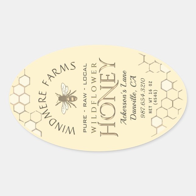 Queenline Honey Label 16/32oz Honeycomb Bee Yellow Ovaler Aufkleber (Vorderseite)
