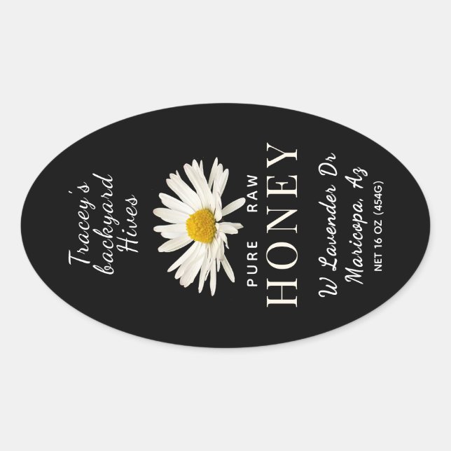 Queenline Jar White Daisy Blume Black Oval Label Ovaler Aufkleber (Vorderseite)