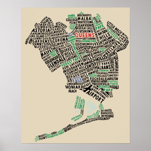 Queens, New York Typografy Map Art Poster (Vorne)