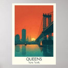 Queens New York Vintag Bridge Sunset City Art Poster