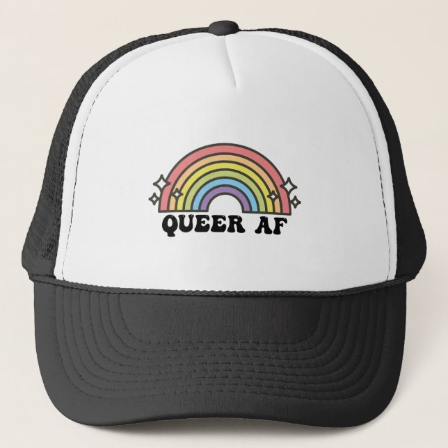 Queer AF Rainbow Gay Lesbian Trans Bisexual LGBTQ Truckerkappe (Vorderseite)