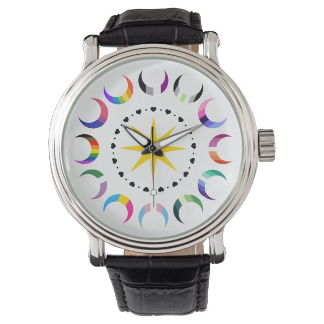 Queer Crescent Pride Moons Armbanduhr (Vorderseite)