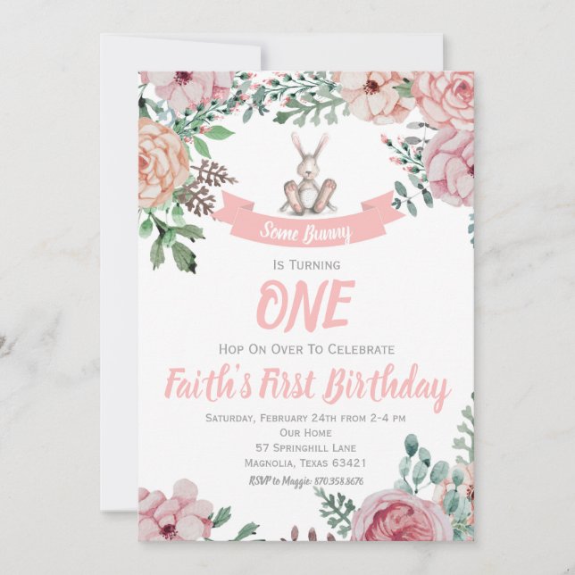 Quelques Bunny Floral Invitation Anniversaire (Devant)