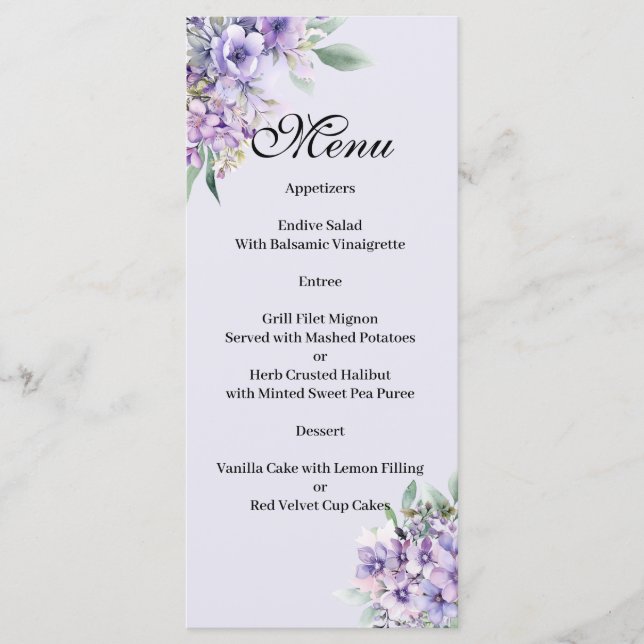 Quenceanera Lavender floral Menu Menükarte (Vorderseite)