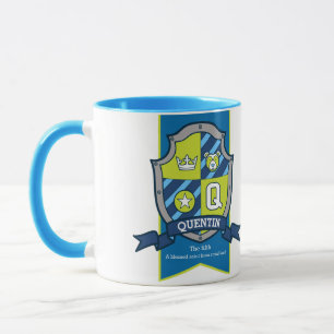 Quentin Buchstabe Q Wappen blau grün bedeutet Tas Tasse