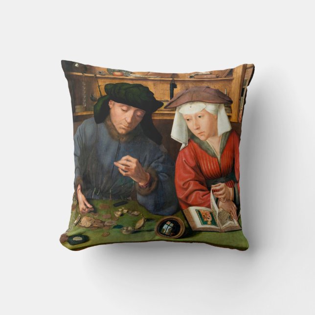 Quentin Matsys - Der Moneylender und seine Ehefrau Kissen (Vorderseite)