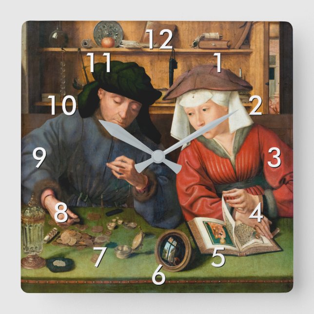 Quentin Matsys - Der Moneylender und seine Ehefrau Quadratische Wanduhr (Vorderseite)
