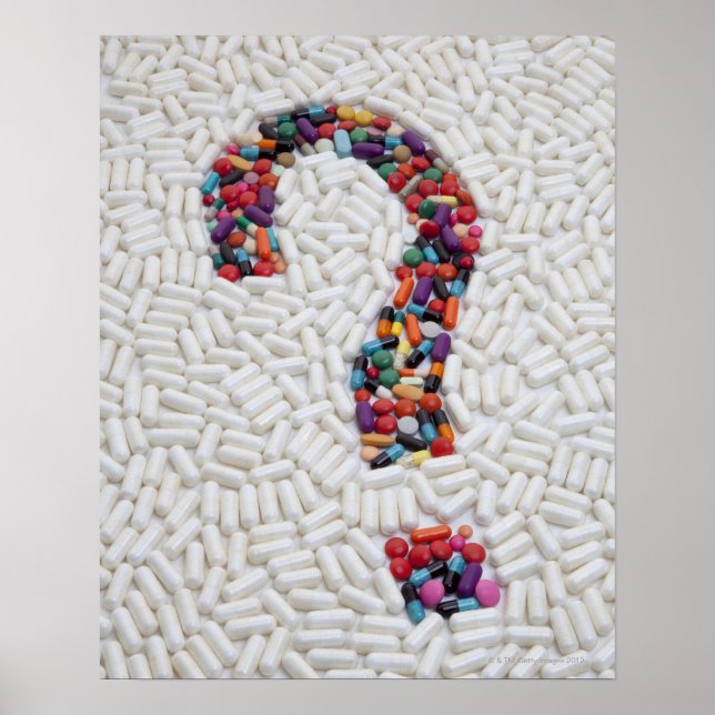 Question mark of pills on white pill background poster (Vorne)