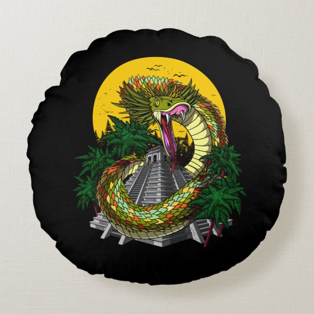 Quetzalcoatl Aztec Snake Rundes Kissen (Vorderseite)