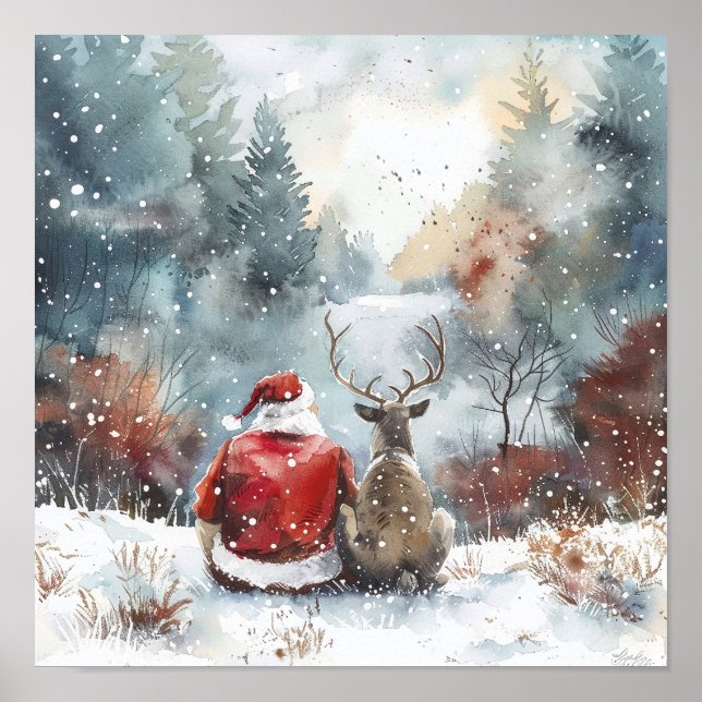 Quiet Christmas Night – Santa and Reindeer Winter  Poster (Vorne)