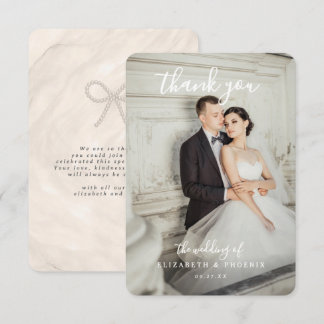 Quiet Luxury Champagne Pearl Bow Wedding Photo Dankeskarte