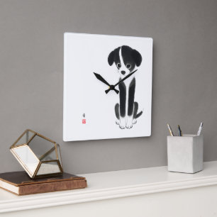 Quiet Paws - Minimalistische Tinten-Hundewelpe  Quadratische Wanduhr