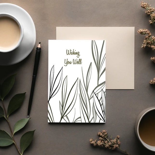 Quiet Reeds — Minimal Get Well Card Karte (Minimal botanical get well card front page with reeds and “Wishing You Well” message.)