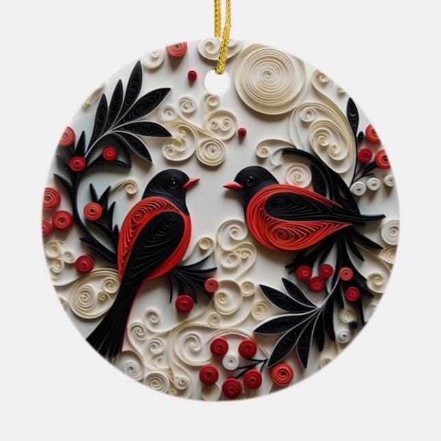 "Quill Christmas Birds Ornament" Keramik Ornament (Vorne)