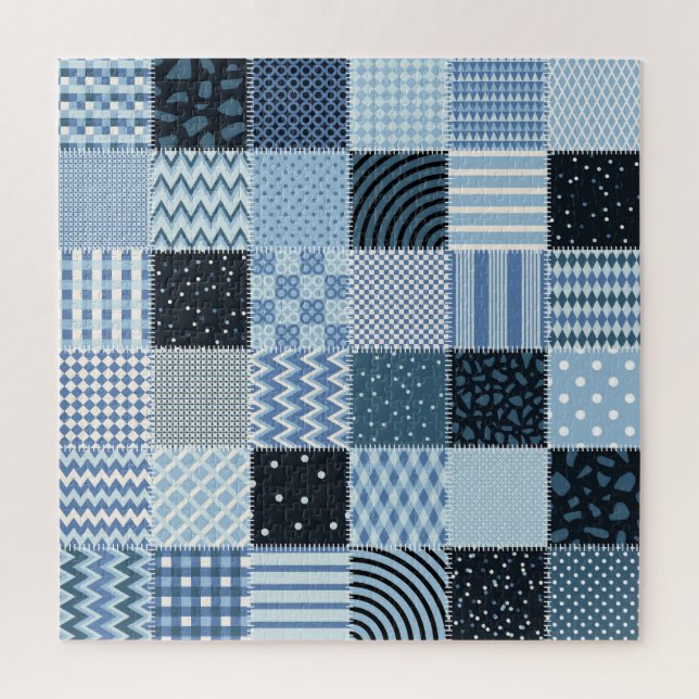 Quilt-Design, geometrisches Patchwork, Blautöne. (Vertikal)