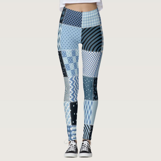 Quilt-Design, geometrisches Patchwork, Blautöne. Leggings (Vorderseite)