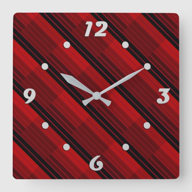 Quilt für rotes und schwarzes geometrisches Patchw Quadratische Wanduhr (Vorderseite)