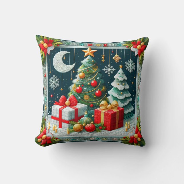 Quilt Look Christmas Scene Decorated Trees  Kissen (Vorderseite)