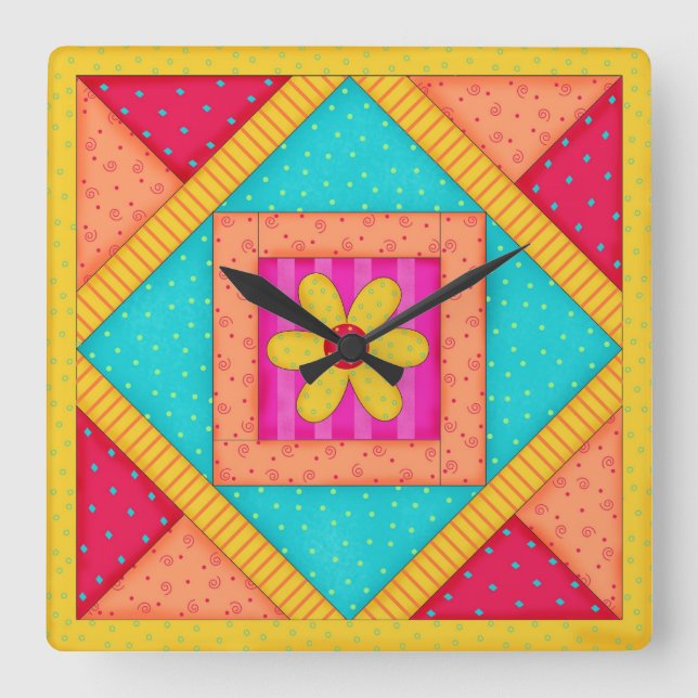 Quilt rote türkise Blockhalterung Quadratische Wanduhr (Vorderseite)