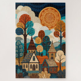 Quilted Folk Art Village - Patchwork Sun & Trees L
