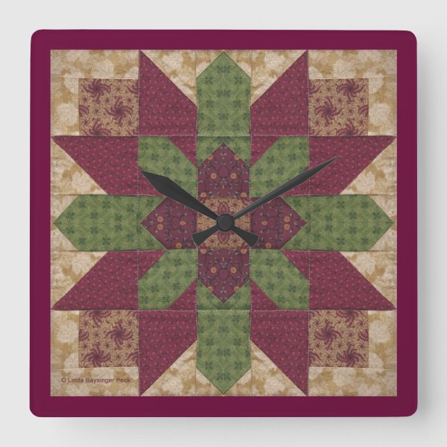 Quilted Green Burgundy Star Quadratische Wanduhr (Vorderseite)