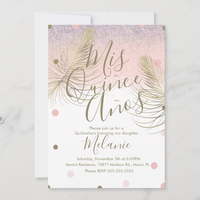 Quiñce Imitate Glitzer Dots Gold Feather Pink Einladung (Vorderseite)