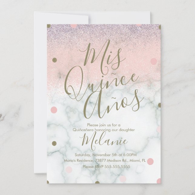 Quiñce Imitate Glitzer Dots Gold Rosa Marmor Einladung (Vorderseite)