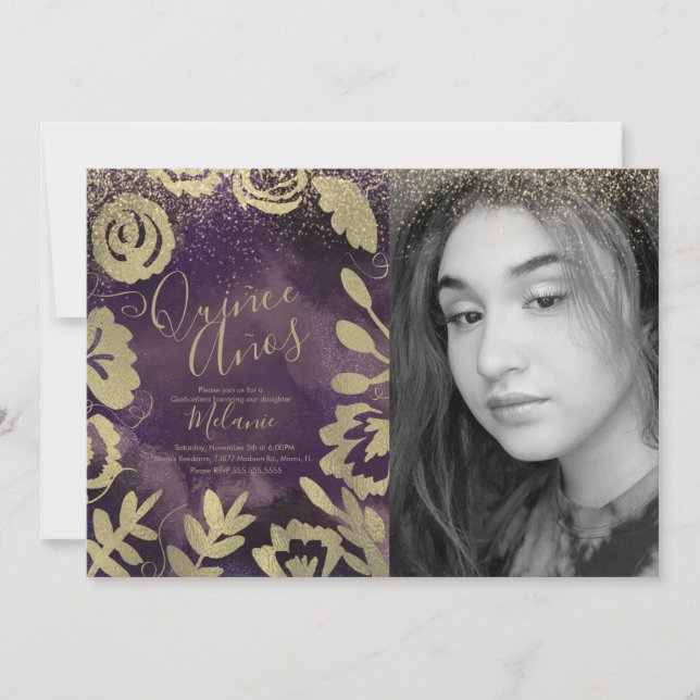 Quiñce Imitate Glitzer Lila BlumengoldFoto Einladung (Vorderseite)