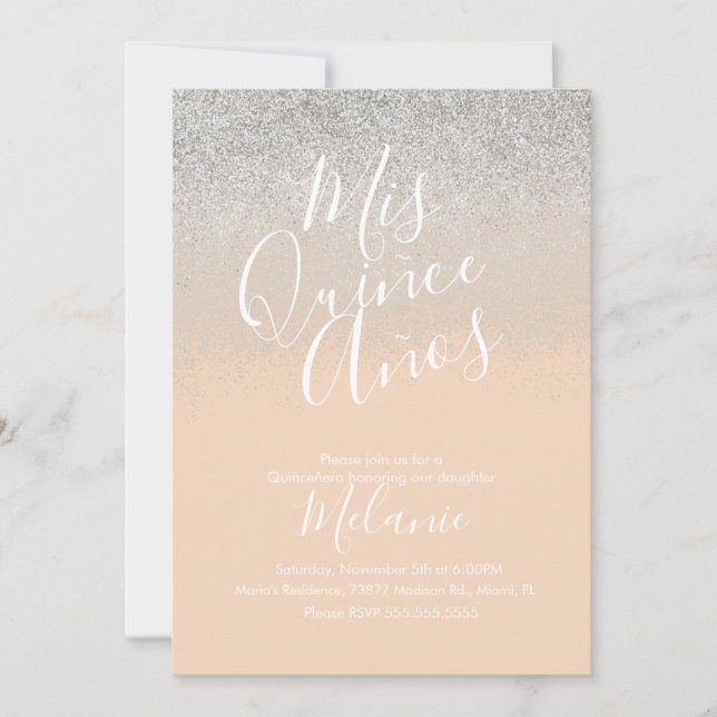 Quiñce Imitats Glitzer Diamond Peach Silver Geburt Einladung (Vorderseite)