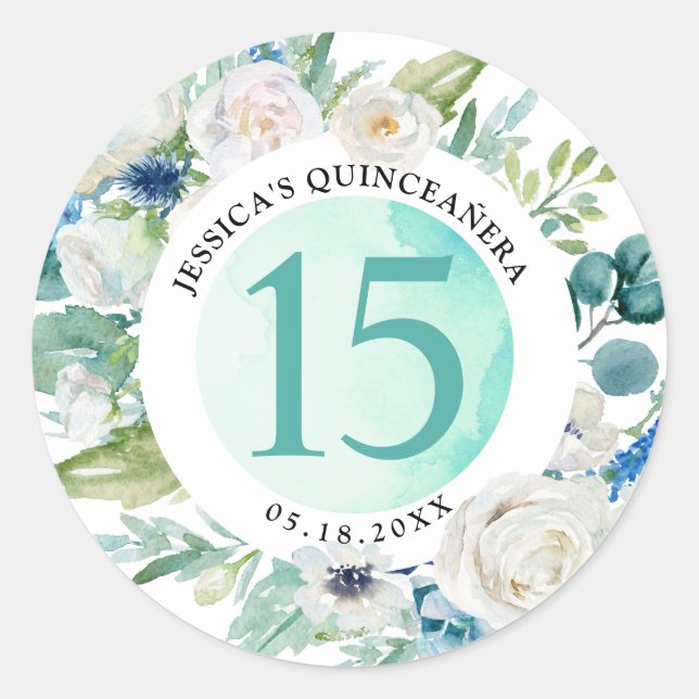 Quince, Quinceañera, Aqua Umschlag Aufkleber/Gefal Runder Aufkleber (Vorderseite)